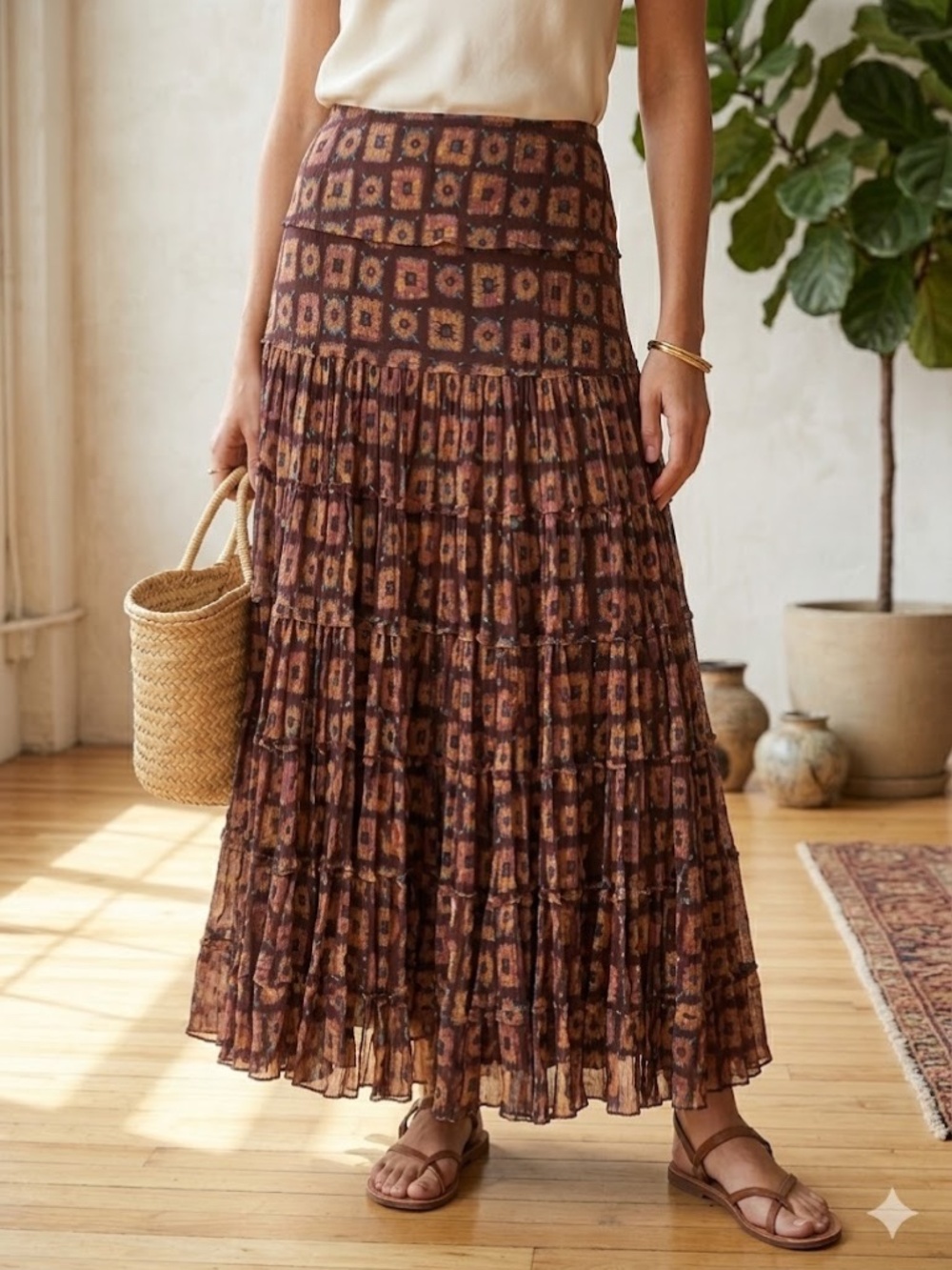 Jones New York 100% Silk Maxi Skirt Size 8 NWOT Brown Boho Frayed Ruffle